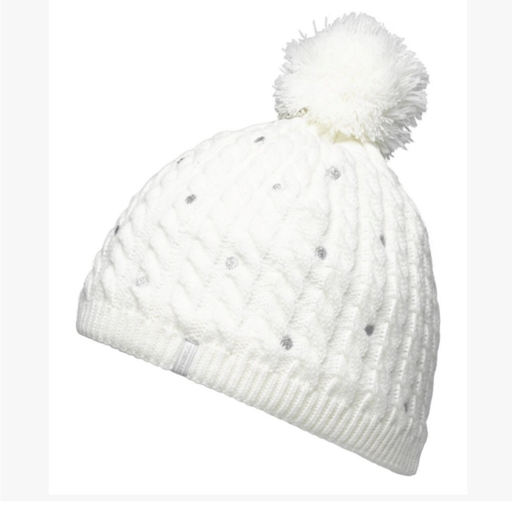 NWOT O'Neill Hot Dot Sequins Beanie Snow Hat Cream White Silver Pom Pom